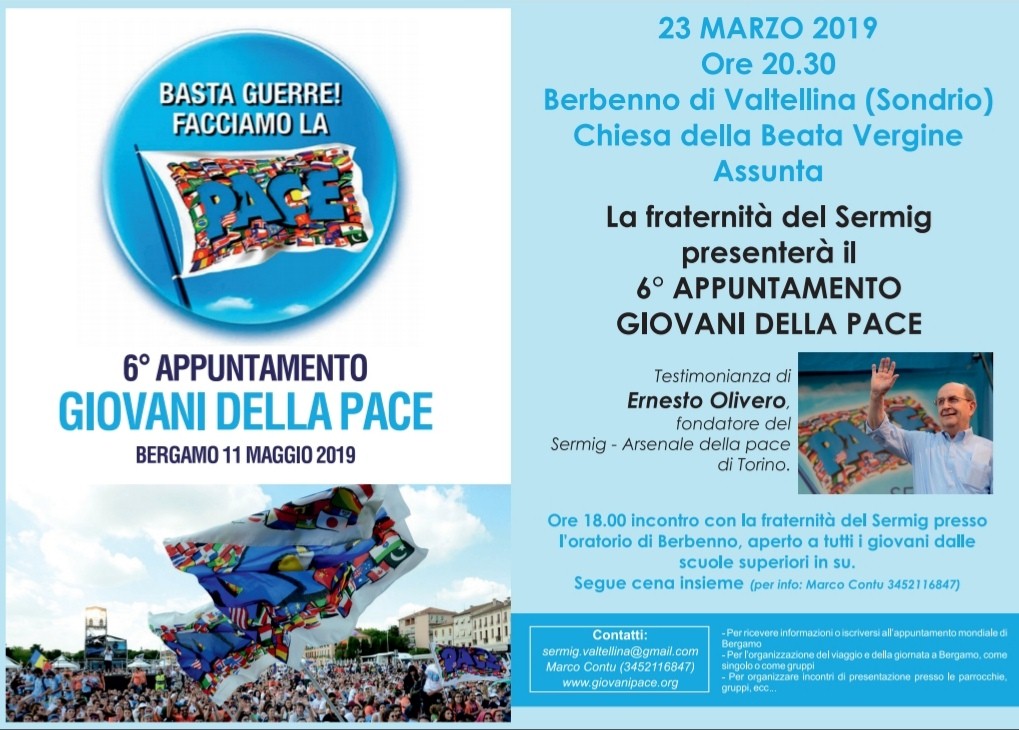 Giovani della Pace 2019: il Sermig ed Ernesto Olivero a Berbenno